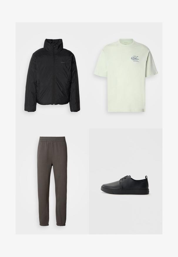Jachetă pufă neagră cu guler înalt, fermoar frontale și buzunare laterale. Textură netedă și strălucitoare, cu un logo minim pe piept.; Tricou din bumbac de culoare verde deschis, cu mâneci scurte, gât rotund și un logo albastru care include "Calvin Klein" și "CK" pe zona stânga a pieptului.; Pantaloni trening gri închis, cu talie elastică, picioare conice și manșete cu nervuri. Prezintă un logo mic pe coapsă. Construiți dintr-un material moale.; Sneakers din piele neagră cu un finisaj neted, vârf rotund, cusături tonale, șireturi în față și o talpă plată din cauciuc. Buclă la călcâi.