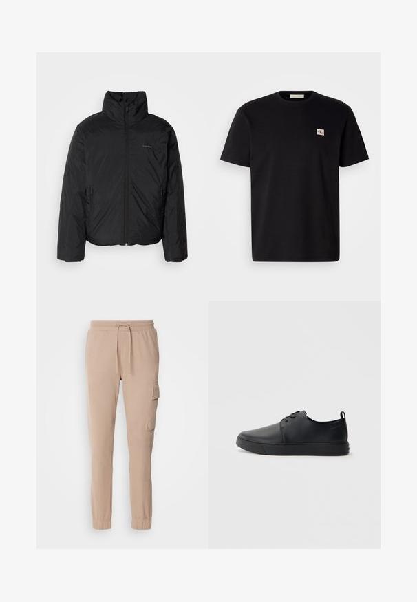 Fekete puffermellény magas gallérral, cipzáros elülső résszel és oldalsó zsebekkel. Simább, fényes textúra, minimális logóval a mellkason.; Fekete pamut póló rövid ujjal, kerek nyakkivágással, és egy kis hímzett logóval a bal oldali mellrészén. Sima tapintású, normál szabású.; Krémszínű, puha anyagból készült tréningnadrág, elasztikus derékkal, zsinórral, bordázott lábvégekkel és oldalsó zsebből.; Fekete bőr sportcipő sima felülettel, lekerekített orral, azonos színű varrással, fűzős elülső résszel és lapos gumitalppal. Hurok a sarkán.