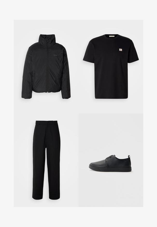 Fekete puffermellény magas gallérral, cipzáros elülső résszel és oldalsó zsebekkel. Simább, fényes textúra, minimális logóval a mellkason.; Fekete pamut póló rövid ujjal, kerek nyakkivágással, és egy kis hímzett logóval a bal oldali mellrészén. Sima tapintású, normál szabású.; Fekete nadrág sima anyagból, egyenes szárú kialakítással, elülső gombzáródással és oldalzsebekkel.; Fekete bőr sportcipő sima felülettel, lekerekített orral, azonos színű varrással, fűzős elülső résszel és lapos gumitalppal. Hurok a sarkán.