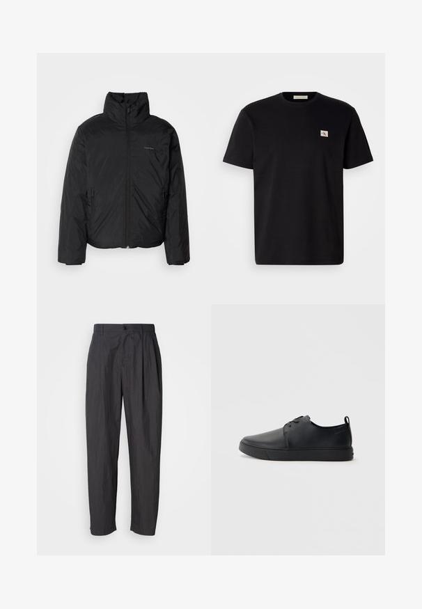 Must musträkk, millel on kõrge krae, lukuga ees ja küljetaskud. Sile, läikiv tekstuur ja minimaalne logo rinnal.; Mustmustärg t-särk lühikeste varrukatega, ümmarguse kaelusega ja väike tikitud logo vasakul rinnal. Sile tekstuur, tavaline sobivus.; Tumedashallid sirged püksid vöödega, esise nupuga kinnitamine ja küljetaskud heledal tasapinnal.; Mustaläik nahast spordijalatsid siledaga viimistlusega, ümarate varvastega, sama tooni õmblustega, nööbid ees, ja lamedate kummist tallaga. Kannas aas.