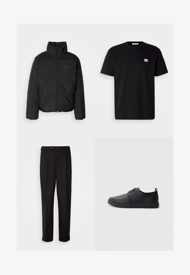 Black puffer jacket with a high collar, zipper front, and side pockets. Smooth, shiny texture with a minimal logo on the chest.; Black cotton t-shirt with short sleeves, crew neck, and a small embroidered logo on the left chest. Smooth texture, regular fit.; Black trousers with a smooth texture, featuring a straight cut, two front pockets, and a single button closure at the waist.; Black leather sneaker with a smooth finish, rounded toe, tonal stitching, lace-up front, and a flat rubber sole. Loop at the heel.