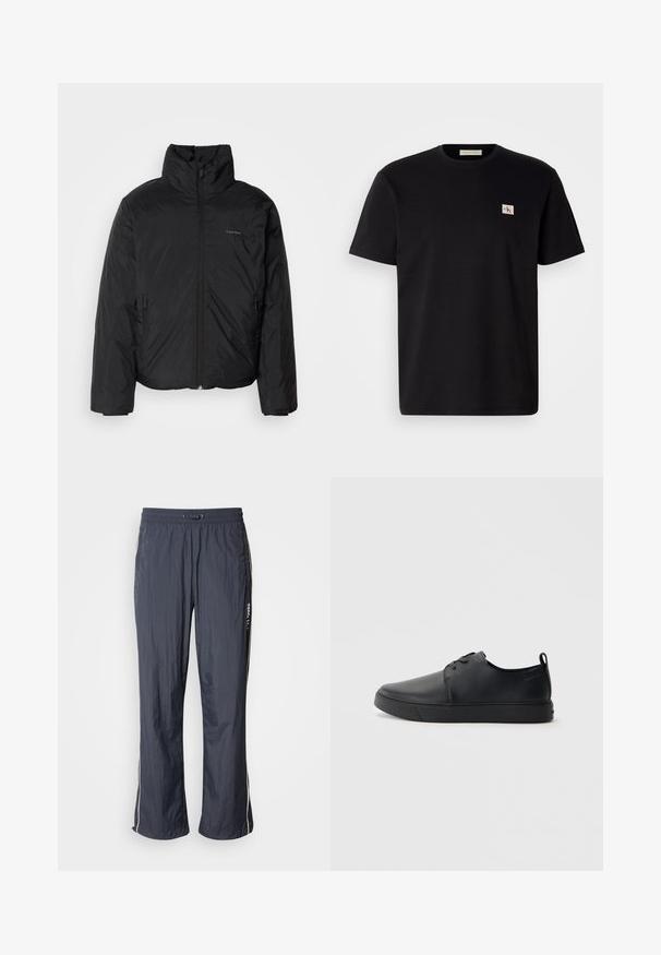 Juoda pūkinė striukė su aukštu apykakle, užtrauktuku priekyje ir šoninėmis kišenėmis. Lygus, blizgus paviršius su minimaliu logotipu ant krūtinės.; Juodas medvilnės marškinėliai su trumpomis rankovėmis, apvaliu kaklu ir mažu siuvinėtą logotipu kairėje krūtinės pusėje. Lygi tekstūra, reguliaraus kirpimo.; Tamsiai mėlynos lengvos treniruočių kelnės su elastingu juosmeniu, šoninėmis kišenėmis ir baltomis akcentinėmis juostelėmis šonuose. Lygus paviršius.; Juodos odinės sportinės bateliai su lygiu paviršium, suapvalinta nosimi, toniniais siūlais, raištelių užsegimu priekyje ir plokščiu guminiu padu. Kilpelė ant kulno.