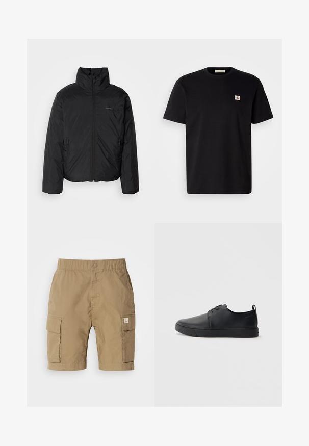 Chaqueta acolchada negra con cuello alto, cierre frontal y bolsillos laterales. Textura lisa y brillante con un logo minimalista en el pecho.; Camiseta de algodón negra de manga corta, cuello redondo y un pequeño logo bordado en el lado izquierdo del pecho. Textura suave, corte regular.; Pantalones cortos de carga beiges, hechos de tela ligera, con cinturilla elástica, bolsillos laterales y un bolsillo de parche en la pierna.; Zapatilla negra de cuero con acabado suave, punta redondeada, costuras a tono, cordones en la parte delantera y suela de goma plana. Asa en el talón.
