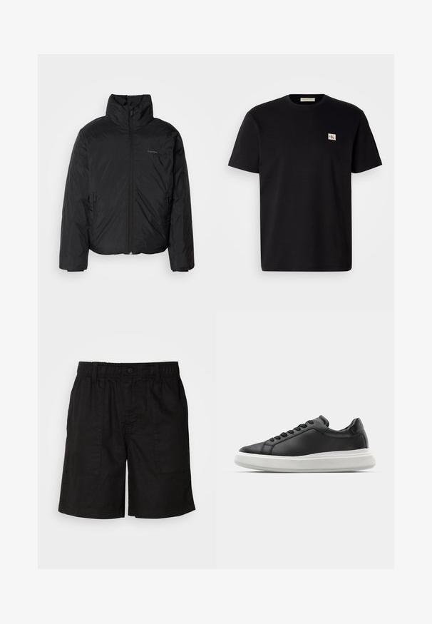 Zwarte pufferjack met een hoge kraag, rits aan de voorkant en zijzakken. Gladde, glanzende textuur met een minimalistisch logo op de borst.; Zwart katoenen T-shirt met korte mouwen, ronde hals en een klein geborduurd logo op de linker borst. Soepele textuur, normale pasvorm.; Zwarte shorts met een elastische tailleband en een knoopsluiting. Heeft twee grote zijzakken met een gestructureerde stof. Casual ontwerp.; Zwarte leren sneaker met een gladde afwerking, witte rubberen zool, ronde vorm, zes openingen voor veters en subtiele branding op de hiel.
