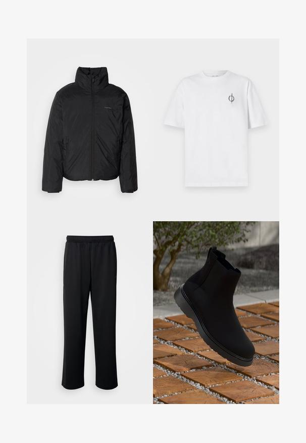 Melnā pūkainā jaka ar augstu apkakli, ar rāvējslēdzēju priekšpusē un sānu kabatām. Gluda, spīdīga tekstūra ar minimālu logotipu uz krūtīm.; Bāla kokvilnas t-kreklu ar brīvu piegulšanu, kuram uz kreisā krūšu apvidus ir neliels melns grafiskais logotips. Īsas piedurknes, apaļas kakla izgriezums.; Melnas sporta bikses, kas izgatavotas no mīksta, elpojoša auduma. Tām ir elastīga josta un taisnas kājas bez izteiktiem akcentiem vai rakstiem.; Melna potīte, kas izgatavota no gludas materiāla ar smalku šuvju, gumijas zoli un elegantu dizainu, novietota virs koka tekstūras virsmas.