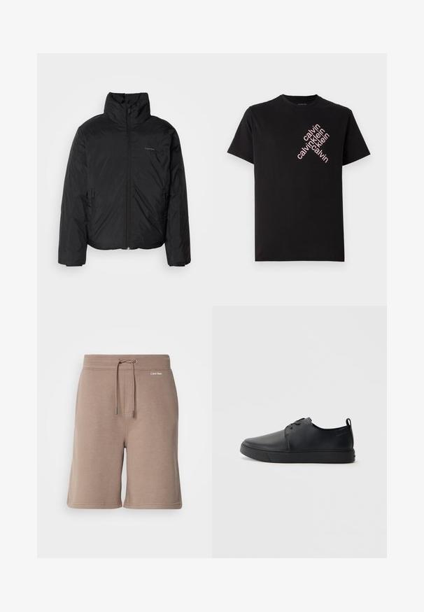 Svart pufferjakke med høy krage, glidelås foran og sidelommer. Glatt, blank tekstur med en minimal logo på brystet.; Svart bomull T-skjorte med skrå rosa "calvin klein" logo trykk foran. Korte ermer og rund halslinning.; Brune bomullsshortser med elastisk midje, snøring og logo-detajl på forsiden. Myk tekstur og knelange design.; Svart lær sneakers med glatt overflate, rund tå, tonede sømmer, snøring foran og flat gummisåle. Løkke på hælen.