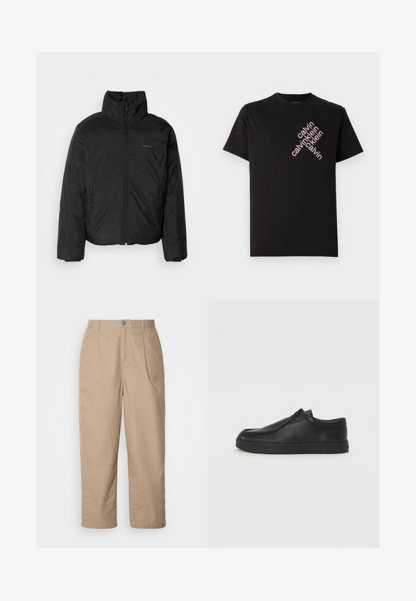 Must musträkk, millel on kõrge krae, lukuga ees ja küljetaskud. Sile, läikiv tekstuur ja minimaalne logo rinnal.; Must musta T-särk, millel on ettepoole kaldus roosa "calvin klein" logo trükk. Lühikesed varrukad ja ümar kaelus.; Beez, kerge puuvillased püksid volditud esiosaga, nööbiga kinnitamine ja sirged sääred, millel on sile tekstuur ja ei ole nähtavaid mustreid.; Must na ostri varvastega musta nahast libisemisega king, millel on tikand ja must kummitald. Sile tekstuur ja minimalistik disain.
