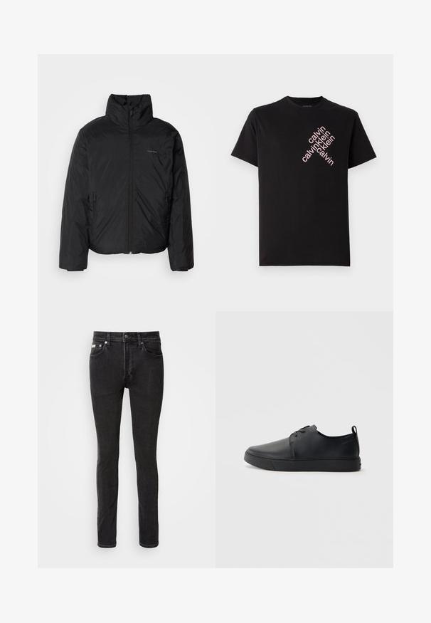 Svart pufferjakke med høy krage, glidelås foran og sidelommer. Glatt, blank tekstur med en minimal logo på brystet.; Svart bomull T-skjorte med skrå rosa "calvin klein" logo trykk foran. Korte ermer og rund halslinning.; Sorte denim jeans med slim fit, fem lommer og sølvfarget detaljer. Har subtile falminger og sy detaljer langs sømmene.; Svart lær sneakers med glatt overflate, rund tå, tonede sømmer, snøring foran og flat gummisåle. Løkke på hælen.