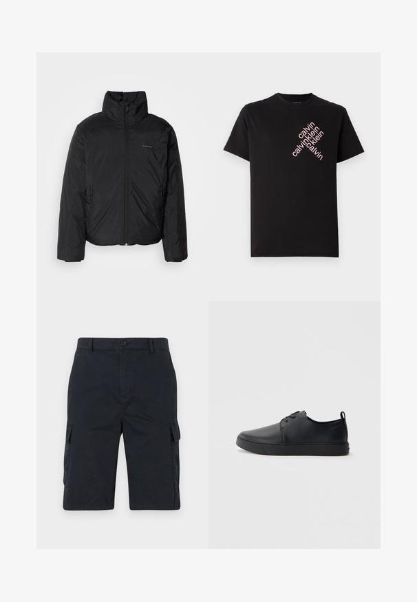 Juoda pūkinė striukė su aukštu apykakle, užtrauktuku priekyje ir šoninėmis kišenėmis. Lygus, blizgus paviršius su minimaliu logotipu ant krūtinės.; Juodas medvilnės marškinėlis su įstrižai rožiniu "calvin klein" logotipu priekyje. Trumpomis rankovėmis ir apvaliu iškirpimu.; Tamsiai mėlyni šortai pagaminti iš medvilnės, turintys dvi šonines kišenes, mygtuko uždarymą ir tiesią iškirptę. Lygi tekstūra.; Juodos odinės sportinės bateliai su lygiu paviršium, suapvalinta nosimi, toniniais siūlais, raištelių užsegimu priekyje ir plokščiu guminiu padu. Kilpelė ant kulno.