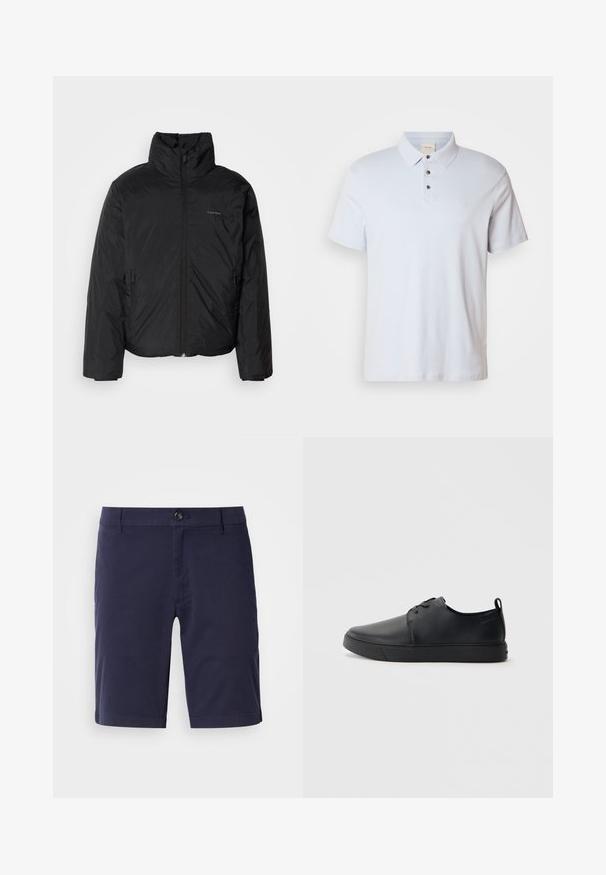 Black puffer jacket with a high collar, zipper front, and side pockets. Smooth, shiny texture with a minimal logo on the chest.; Light blue polo shirt made of cotton, featuring a three-button placket, a folded collar, short sleeves, and a small logo on the chest.; Navy blue shorts with a flat front, button closure, and side pockets. Made from lightweight fabric with a smooth texture.; Black leather sneaker with a smooth finish, rounded toe, tonal stitching, lace-up front, and a flat rubber sole. Loop at the heel.