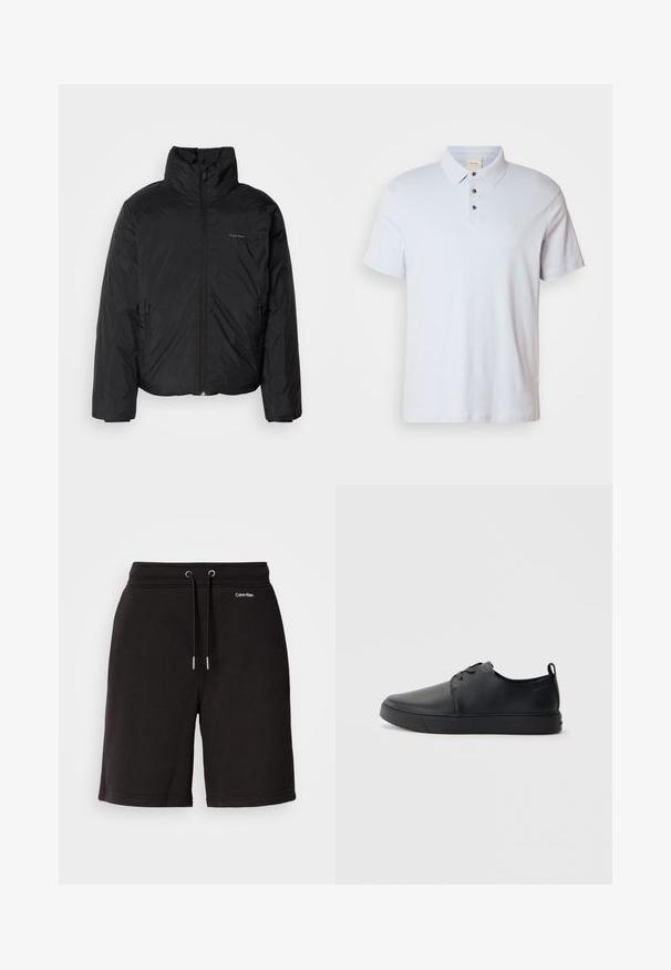 Svart pufferjakke med høy krage, glidelås foran og sidelommer. Glatt, blank tekstur med en minimal logo på brystet.; Lyseblå polo skjorte laget av bomull, med tre-knaps placket, foldet krage, korte ermer, og en liten logo på brystet.; Svarte bomullsshorts med snøring i livet, med sølvfargede detaljer. Utsmykket med logo i hvitt, har de en glatt tekstur og en avslappet passform.; Svart lær sneakers med glatt overflate, rund tå, tonede sømmer, snøring foran og flat gummisåle. Løkke på hælen.