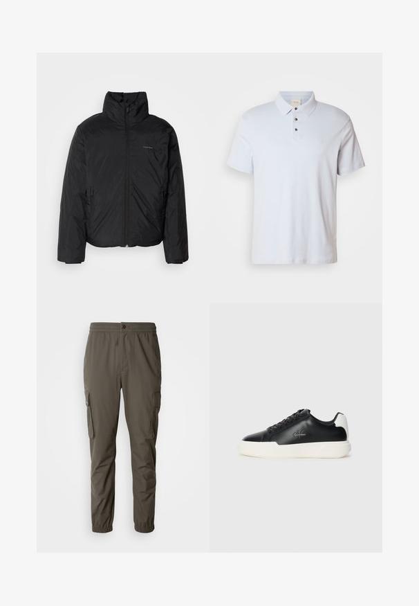 Fekete puffermellény magas gallérral, cipzáros elülső résszel és oldalsó zsebekkel. Simább, fényes textúra, minimális logóval a mellkason.; világoskék pamut póló, három gombos kivágással, hajtott gallérral, rövid ujjakkal és egy kis logóval a mellkason.; Sötét olajzöld cargo nadrág, könnyű anyagból készült. Rugalmas derékbőséggel, gombos zárással és oldalsó zsebekkel rendelkezik, amelyek fedéllel záródnak.; Fekete bőr sneakers fehér gumitalppal. Kerek orrú, fűzős dizájn, és logó részlet az oldalon. Hátsó díszítés fehér színben.