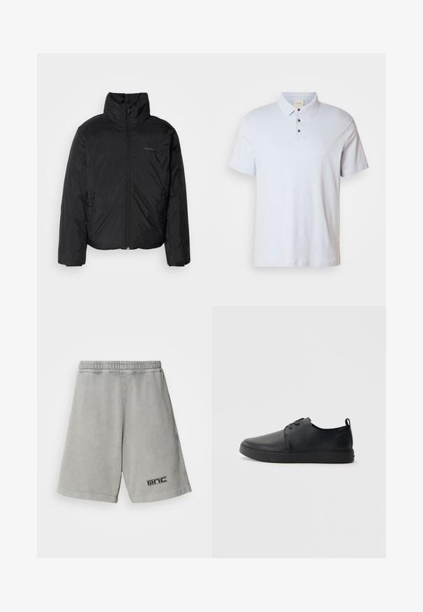 Jachetă pufă neagră cu guler înalt, fermoar frontale și buzunare laterale. Textură netedă și strălucitoare, cu un logo minim pe piept.; Cămașa polo albă-albăstruie, din bumbac, cu o deschidere cu trei butoane, guler pliat, mâneci scurte și un mic logo pe piept.; Shorts din bumbac gri deschis, cu talie elastică, având un logo negru în partea stângă jos și o textură netedă, simplă.; Sneakers din piele neagră cu un finisaj neted, vârf rotund, cusături tonale, șireturi în față și o talpă plată din cauciuc. Buclă la călcâi.