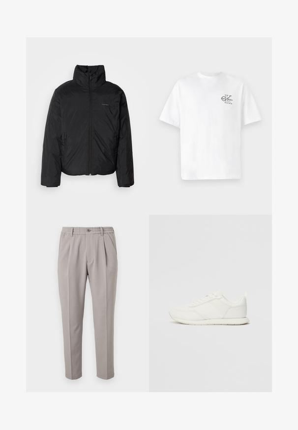 Doudoune noire avec un col haut, fermeture éclair à l'avant et poches latérales. Texture lisse et brillante avec un logo minimaliste sur la poitrine.; T-shirt en coton blanc à manches courtes, col rond, avec un logo CK noir sur la partie gauche de la poitrine, coupe standard, texture lisse.; Pantalon gris clair au design ajusté, taille élastique, fermeture à bouton et plis à l'avant. Tissu lisse avec une coupe structurée.; Sneaker blanche avec une tige en mesh et en synthétique, bout rond, lacets plats et une bande latérale texturée. Semelle en caoutchouc avec une languette à l'arrière.