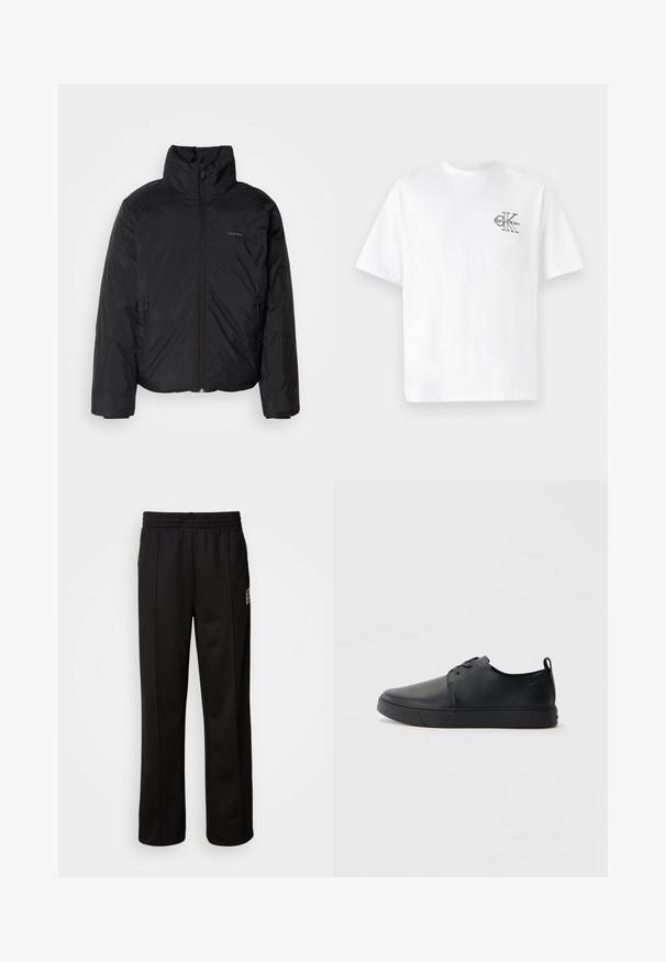 Casaco puffer preto com colarinho alto, fecho de correr na frente e bolsos laterais. Textura suave e brilhante com um logótipo minimalista no peito.; T-shirt de algodão branco com mangas curtas, gola redonda, apresentando um logo CK preto na área do peito esquerdo, ajuste padrão, textura suave.; Calvin Klein STRIPE - Calças de fato de treino - black; Sapatilha de couro preta com um acabamento liso, bico arredondado, costura ton sur ton, frente com atacadores e sola plana de borracha. Alça no calcanhar.