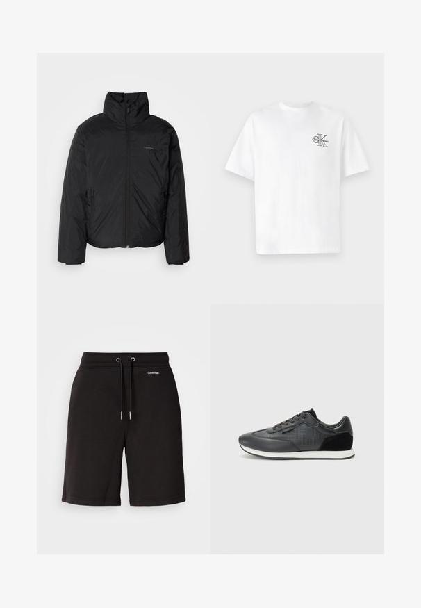 Černá péřová bunda s vysokým límcem, zipovým uzávěrem vpředu a bočními kapsami. Hladká, lesklá textura s minimálním logem na hrudi.; Bílý bavlněný tričko s krátkým rukávem, kulatým výstřihem, s černým logem CK na levé části hrudníku, standardní střih, hladká textura.; Černé bavlněné šortky s elastickým pasem a stahovací šňůrkou, zdobené stříbrnými detaily. Mají bílý potisk s logem, hladkou texturu a volný střih.; Černé sportovní tenisky s koženým svrškem, perforovanými detaily, semišovými akcenty a bílou gumovou podrážkou. Klasický design na šněrování.