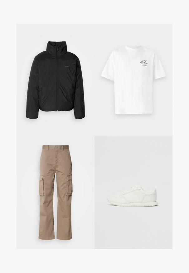Μαύρο μπουφάν puffer με ψηλό γιακά, φερμουάρ μπροστά και πλευρικές τσέπες. Λείο, γυαλιστερό υλικό με μίνιμαλ λογότυπο στο στήθος.; Λευκό βαμβακερό μπλουζάκι με κοντά μανίκια, στρογγυλή λαιμόκοψη, με μαύρο λογότυπο CK στην αριστερή πλευρά του στήθους, κανονική εφαρμογή, απαλό υλικό.; Μπεζ cargo παντελόνι φτιαγμένο από βαμβάκι, με χαλαρή εφαρμογή, διαθέτει δύο πλαϊνές τσέπες και κλείσιμο με κουμπί στη μέση.; Λευκό αθλητικό παπούτσι με επάνω μέρος από πλέγμα και συνθετικό υλικό, στρογγυλή μύτη, επίπεδους κορδόνια και υφή στη λωρίδα στο πλάι. Καουτσούκ σόλα με λαβή στο πίσω μέρος.
