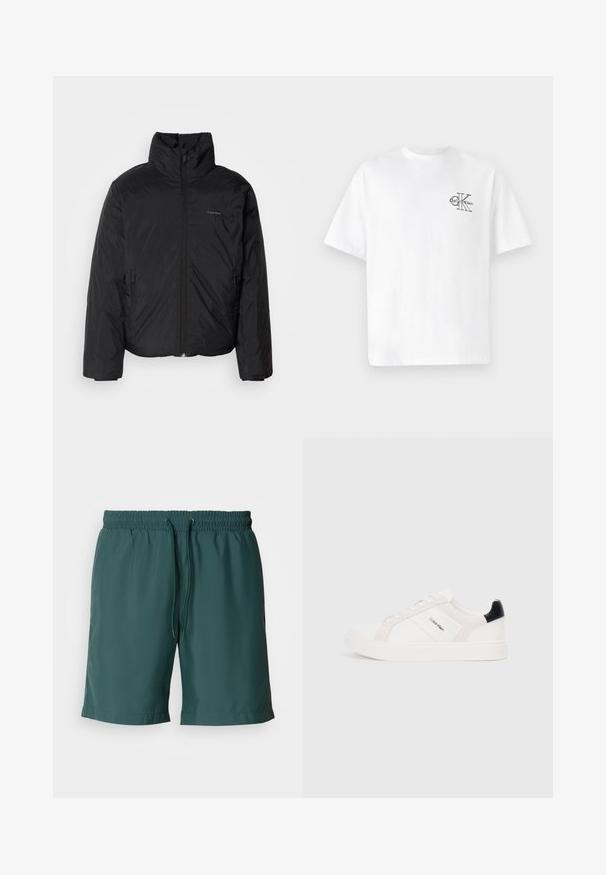 Melnā pūkainā jaka ar augstu apkakli, ar rāvējslēdzēju priekšpusē un sānu kabatām. Gluda, spīdīga tekstūra ar minimālu logotipu uz krūtīm.; Balta kokvilnas T-krekls ar īsām piedurknēm, apaļo kaklu, ar melnu CK logotipu kreisajā krūšu zonā, standarta piegriezums, gluda tekstūra.; Zaļa, viegla šorts ar elastīgu jostu un pievilkšanas auklu, kas piedāvā gludu tekstūru un sānu kabatas ērtībai.; Baltās kedas ar gaiši rozā un melniem akcentiem, ar gludu ādu un zamšādas paneļiem, apaļu purngalu un plakanu gumijas zoli.