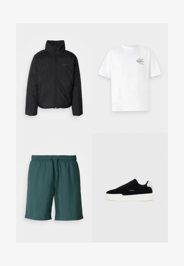 Melnā pūkainā jaka ar augstu apkakli, ar rāvējslēdzēju priekšpusē un sānu kabatām. Gluda, spīdīga tekstūra ar minimālu logotipu uz krūtīm.; Balta kokvilnas T-krekls ar īsām piedurknēm, apaļo kaklu, ar melnu CK logotipu kreisajā krūšu zonā, standarta piegriezums, gluda tekstūra.; Zaļa, viegla šorts ar elastīgu jostu un pievilkšanas auklu, kas piedāvā gludu tekstūru un sānu kabatas ērtībai.; Melni zema profila sporta apavi ar baltu zoli un papēdi, ar šņorēm priekšpusē un Calvin Klein logo sānos.