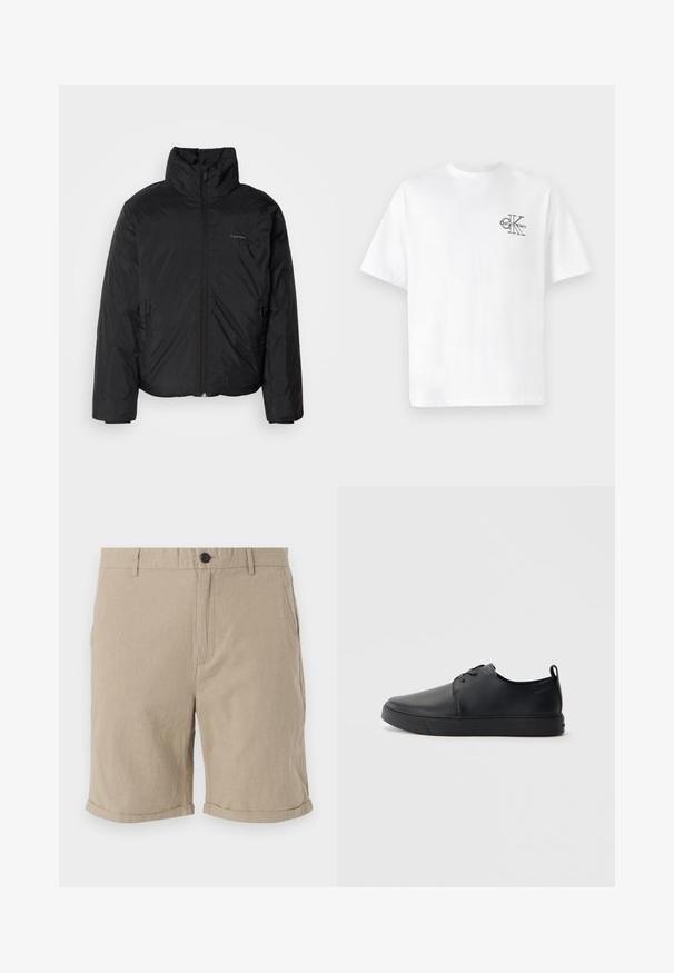 Černá péřová bunda s vysokým límcem, zipovým uzávěrem vpředu a bočními kapsami. Hladká, lesklá textura s minimálním logem na hrudi.; Bílý bavlněný tričko s krátkým rukávem, kulatým výstřihem, s černým logem CK na levé části hrudníku, standardní střih, hladká textura.; Béžové lněné šortky s knoflíkovým zapínáním, rovný přední díl, boční kapsy a ohrnuté lemy, vyrobené z texturované tkaniny pro prodyšnost.; Černé kožené tenisky s hladkým povrchem, zaoblenou špičkou, tónovým prošíváním, šněrovacím uzávěrem a plochou gumovou podrážkou. Očko na patě.