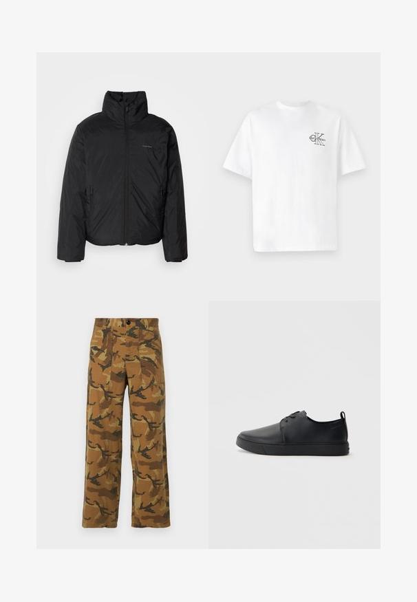 Crna puf jakna s visokim ovratnikom, patentnim zatvaračem sprijeda i bočnim džepovima. Glatka, sjajna tekstura s minimalnim logotipom na prsima.; Bjela pamučna majica kratkih rukava, okruglog izreza, s crnim CK logom na lijevoj strani prsnog dijela, standardnog kroja, glatke teksture.; Hlače od kamuflažnog uzorka u smešnim i zelenim tonovima, izrađene od lagane tkanine, s četiri džepa i kopčanjem na dugme.; Crne kožne tenisice s glatkom površinom, zaobljenim vrhom, tonom prošivanja, vezanjem sprijeda i ravnim gumenim potplatom. Oko pete se nalazi učka.