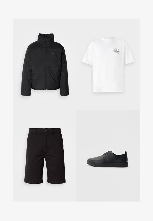 Juoda pūkinė striukė su aukštu apykakle, užtrauktuku priekyje ir šoninėmis kišenėmis. Lygus, blizgus paviršius su minimaliu logotipu ant krūtinės.; Balta medvilninė marškinėliai su trumpomis rankovėmis, apvalia kaklo iškirpte, kairėje krūtinės pusėje esantis juodas CK logotipas, standartinio kirpimo, lygus paviršius.; Juodi šortai, pagaminti iš lengvos medžiagos, su mygtukų uždarymu priekyje, diržo kilpomis, šoninėmis kišenėmis ir tiesiu sijonu su sukamu kraštu.; Juodos odinės sportinės bateliai su lygiu paviršium, suapvalinta nosimi, toniniais siūlais, raištelių užsegimu priekyje ir plokščiu guminiu padu. Kilpelė ant kulno.