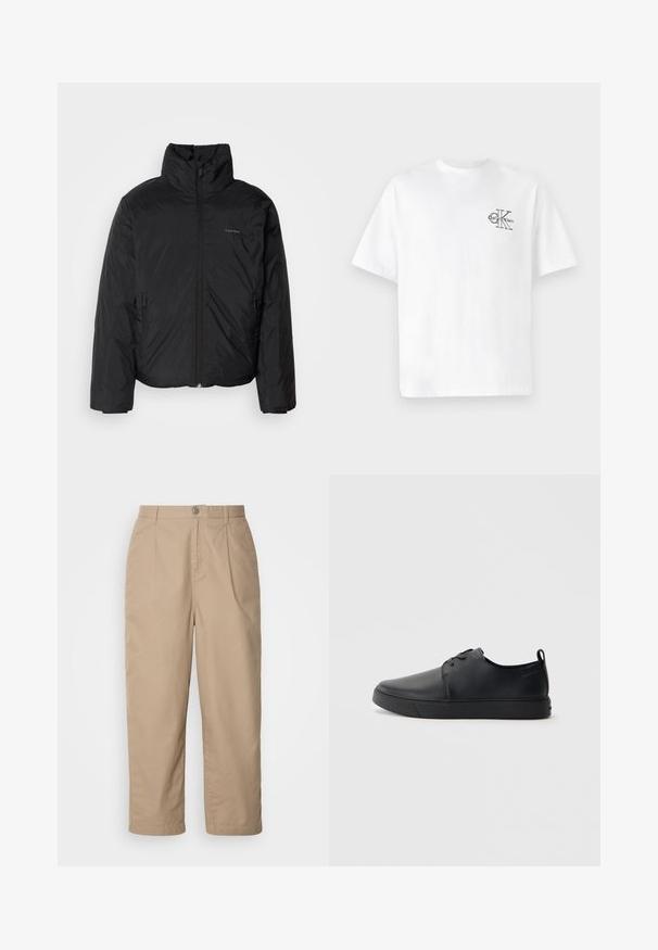 Black puffer jacket with a high collar, zipper front, and side pockets. Smooth, shiny texture with a minimal logo on the chest.; White cotton t-shirt with short sleeves, crew neck, featuring a black CK logo on the left chest area, standard fit, smooth texture.; Beige, lightweight cotton pants with pleated front, button closure, and straight legs, featuring a smooth texture and no visible patterns.; Black leather sneaker with a smooth finish, rounded toe, tonal stitching, lace-up front, and a flat rubber sole. Loop at the heel.