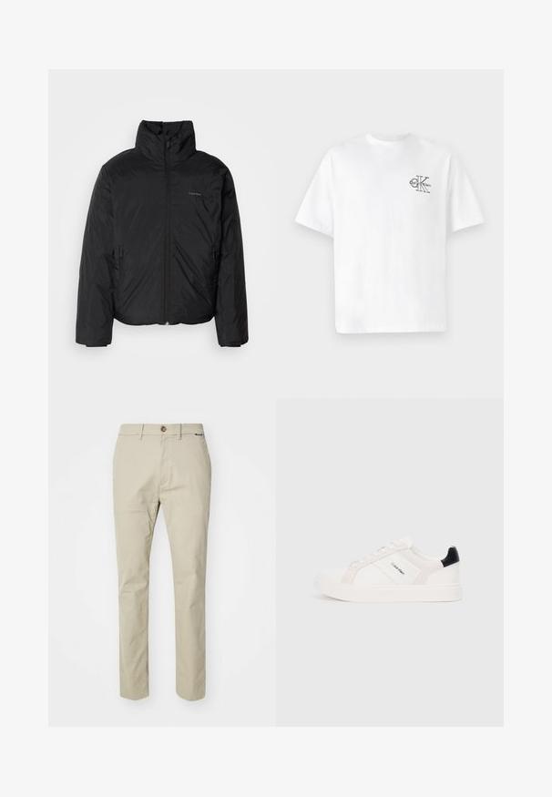 Black puffer jacket with a high collar, zipper front, and side pockets. Smooth, shiny texture with a minimal logo on the chest.; White cotton t-shirt with short sleeves, crew neck, featuring a black CK logo on the left chest area, standard fit, smooth texture.; Beige cotton trousers with a straight fit, featuring a button closure and front pockets, smooth texture, and minimal design details.; White sneakers with light pink and black accents, featuring smooth leather and suede panels, round toe, and flat rubber sole.
