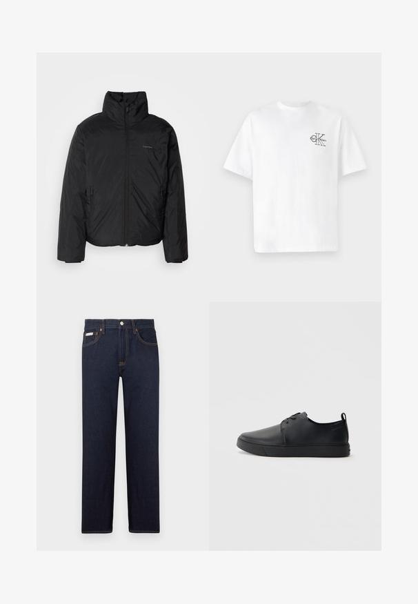 Casaco puffer preto com colarinho alto, fecho de correr na frente e bolsos laterais. Textura suave e brilhante com um logótipo minimalista no peito.; T-shirt de algodão branco com mangas curtas, gola redonda, apresentando um logo CK preto na área do peito esquerdo, ajuste padrão, textura suave.; Jeans de ganga azul escuro com corte reto, um design clássico de cinco bolsos e costuras em laranja contrastante. Apresenta um fecho de botão de metal.; Sapatilha de couro preta com um acabamento liso, bico arredondado, costura ton sur ton, frente com atacadores e sola plana de borracha. Alça no calcanhar.