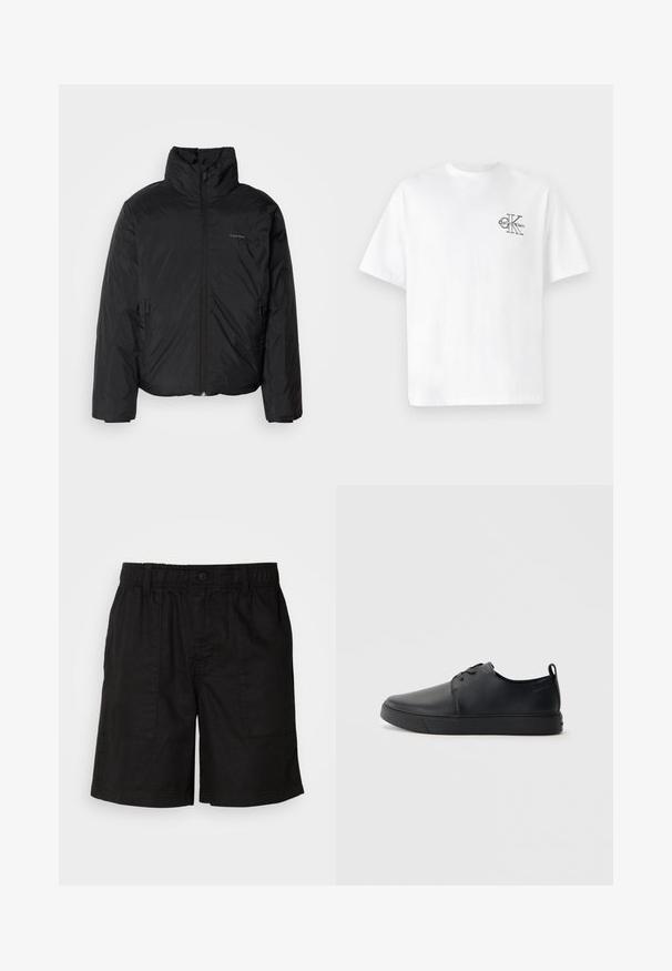 Čierna bundy s kapucňou, s vysokým golierom, so zipsom vpredu a bočnými vreckami. Hladká, lesklá textúra s minimálnym logom na hrudi.; Biela bavlnená tričko s krátkymi rukávmi a okrúhlym výstrihom, s čiernym logom CK na ľavej strane hrude, štandardná veľkosť, hladká textúra.; Čierne šortky s elastickým pásom a zapínaním na gombík. Disponujú dvoma veľkými bočnými vreckami s textúrovanou látkou. Neformálny dizajn.; Čierne kožené tenisky s hladkým povrchom, zaoblenou špičkou, tonálnym šitím, šnurovaním vpredu a plochou gumovou podrážkou. Obojok na päte.