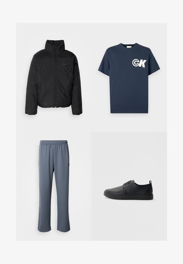 Crna puf jakna s visokim ovratnikom, patentnim zatvaračem sprijeda i bočnim džepovima. Glatka, sjajna tekstura s minimalnim logotipom na prsima.; Navy plava kratkih rukava majica s okruglim izrezom, s bijelim CK logotipom i tekstom "Calvin Klein" na lijevoj strani prsa.; Sive trenirke s elastičnim pojasom, bočnim džepovima i opuštenim krojem. Napravljene su od mekog materijala glatke teksture bez vidljivih uzoraka.; Crne kožne tenisice s glatkom površinom, zaobljenim vrhom, tonom prošivanja, vezanjem sprijeda i ravnim gumenim potplatom. Oko pete se nalazi učka.
