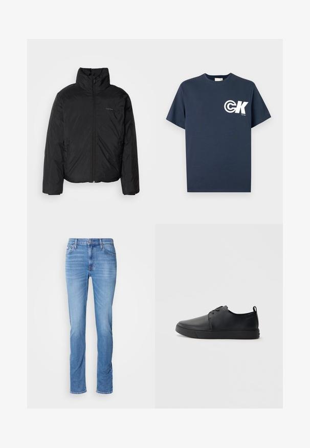 Juoda pūkinė striukė su aukštu apykakle, užtrauktuku priekyje ir šoninėmis kišenėmis. Lygus, blizgus paviršius su minimaliu logotipu ant krūtinės.; Tamsiai mėlynas trumpomis rankovėmis marškinėlis su apvalia iškirpte, kairėje krūtinės pusėje balta CK logotipu ir užrašu „Calvin Klein“.; Šviesiai mėlynos, šiek tiek priglundančios džinsinės kelnės su priekiniais mygtukais ir užtrauktuku, penkiomis kišenėmis bei švelniu nusidėvėjimu ant šlaunų ir kelių.; Juodos odinės sportinės bateliai su lygiu paviršium, suapvalinta nosimi, toniniais siūlais, raištelių užsegimu priekyje ir plokščiu guminiu padu. Kilpelė ant kulno.