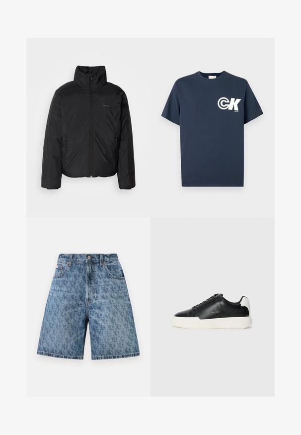 Black puffer jacket with a high collar, zipper front, and side pockets. Smooth, shiny texture with a minimal logo on the chest.; Navy blue short-sleeve crew neck T-shirt with white CK logo and "Calvin Klein" text on the left chest.; Denim shorts in light blue with a subtle leopard print pattern, featuring a classic waistband, belt loops, and front pockets.; Black leather sneakers with white rubber sole. Features round toe, lace-up design, and logo detail on the side. Rear accent in white.