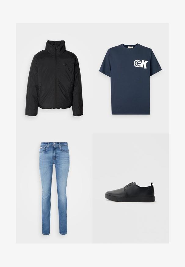 Musta puhvitakki korkealla kauluksella, vetoketjulla edessä ja sivutaskuilla. Sileä, kiiltävä pinta, jossa on minimaalinen logo rinnassa.; Laivastonsininen, lyhythihainen, pyöreäkauluksinen T-paita, jossa valkoinen CK-logo ja "Calvin Klein"-teksti vasemmalla rinnassa.; Vaaleansiniset farkut, joissa on slim fit -design, viisi taskua, normaali vyötärö sekä edessä nappi ja vetoketju.; Musta nahkakengät hienolla pinnalla, pyöreällä varvastyönnöllä, sävyyn sointuvilla ompeluilla, nauhakengät edessä ja littealla kumipohjalla. Silmukka kantapäässä.