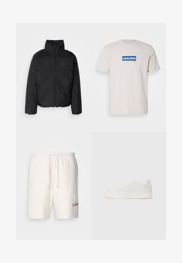 Giubbotto imbottito nero con colletto alto, chiusura a zip frontale e tasche laterali. Tessuto liscio e lucido con un logo minimale sul petto.; T-shirt bianco in cotone con un logo rettangolare blu che presenta la scritta "calvin klein" e "new york city" in bianco sul davanti. Vestibilità classica.; Shorts bianchi in cotone con vita elasticizzata e cordino. Presentano la scritta "calvin" ricamata in rosso sulla gamba sinistra. Tessuto morbido, design semplice.; Sneaker bianco con tomaia sintetica liscia, punta rotonda e suola piatta bianca. Presenta cuciture tonali e un branding minimale sul lato.