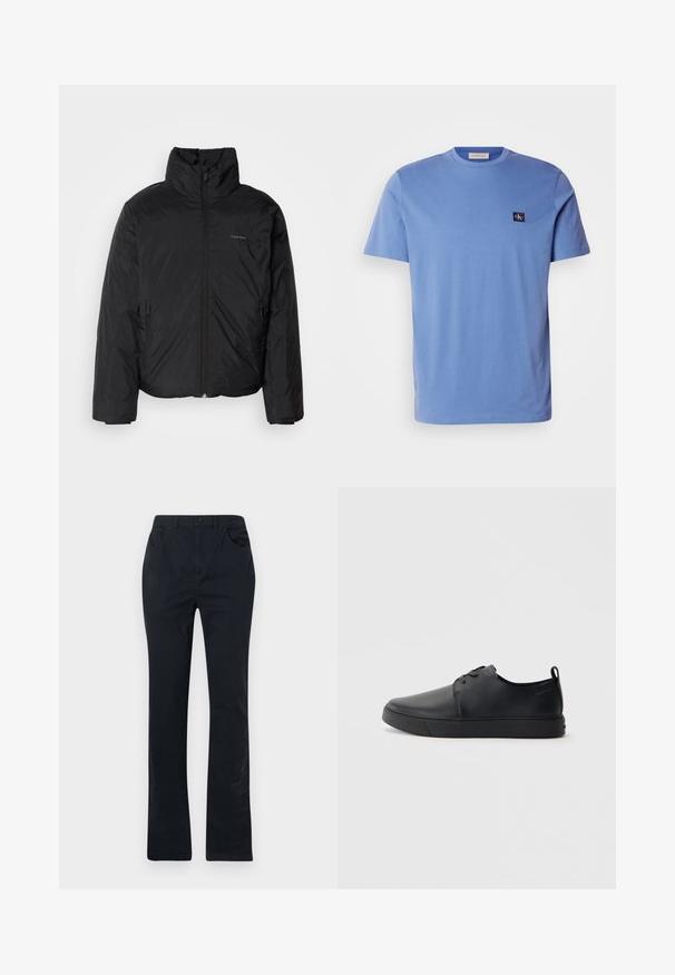 Black puffer jacket with a high collar, zipper front, and side pockets. Smooth, shiny texture with a minimal logo on the chest.; Light blue cotton short-sleeve t-shirt with a round neck, featuring a small dark blue logo patch on the left chest. Smooth texture.; Dark blue cotton trousers with a straight-leg design, featuring two front pockets, a button closure, and minimalistic stitching details.; Black leather sneaker with a smooth finish, rounded toe, tonal stitching, lace-up front, and a flat rubber sole. Loop at the heel.