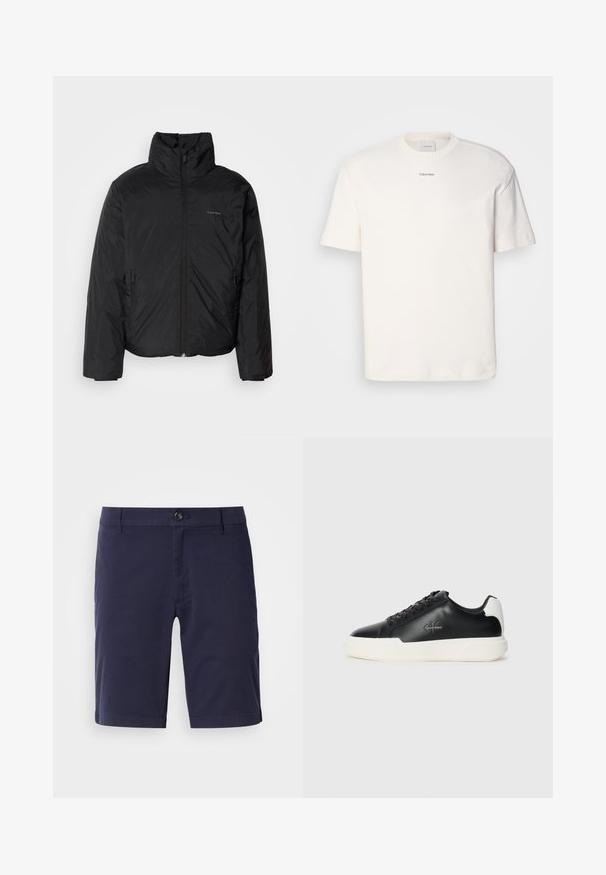 Čierna bundy s kapucňou, s vysokým golierom, so zipsom vpredu a bočnými vreckami. Hladká, lesklá textúra s minimálnym logom na hrudi.; Biely bavlnený tričko s okrúhlym výstrihom, krátkymi rukávmi a vyšívaným logom "Calvin Klein" na strede hrude. Jednoduchý dizajn.; Námornícke modré šortky s rovnou prednou časťou, so zapínaním na gombík a bočnými vreckami. Vyrobené z ľahkého materiálu s hladkou textúrou.; Čierne kožené tenisky s bielou gumovou podrážkou. Vybavené okrúlym špičkou, dizajnom na šnurovanie a detailom loga na boku. Zadný akcent v bielej farbe.