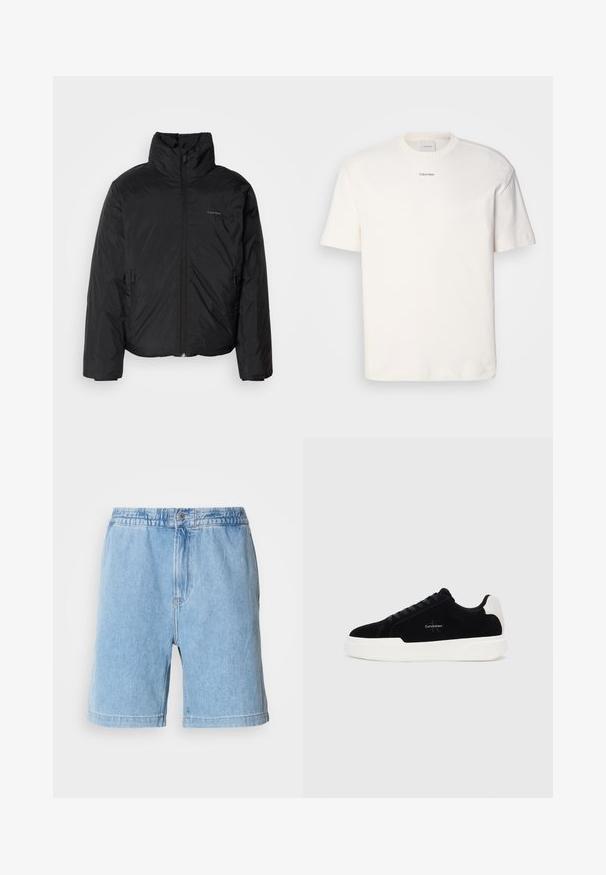 Svart pufferjakke med høy krage, glidelås foran og sidelommer. Glatt, blank tekstur med en minimal logo på brystet.; Hvit bomulls T-skjorte med rund hals, korte ermer og brodert "Calvin Klein" logo i midten av brystet. Enkel design.; Lys blå denimshorts med elastisk midjebånd, frontlukking med knapp, sidelommer og rett snittdesign. Midt på låret lengde.; Svart lav sko med hvit såle og hæltab, snøring foran, og Calvin Klein-logo på siden.