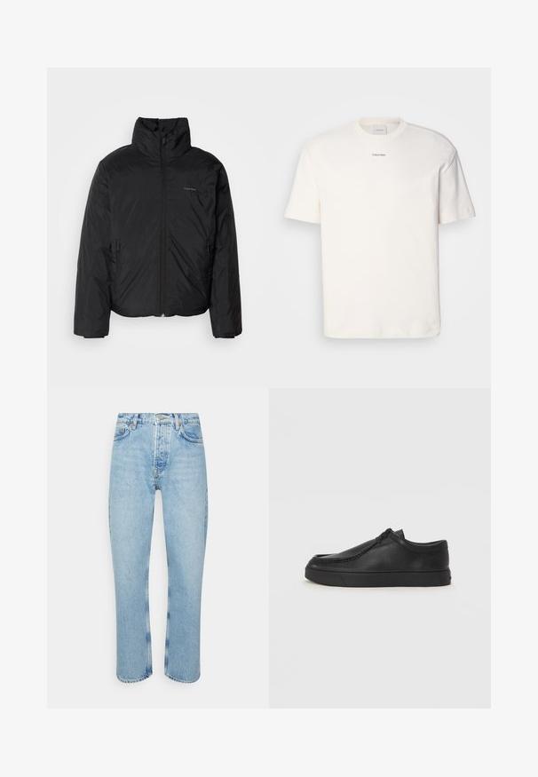 Black puffer jacket with a high collar, zipper front, and side pockets. Smooth, shiny texture with a minimal logo on the chest.; White cotton T-shirt featuring a round neck, short sleeves, and embroidered "Calvin Klein" logo at the chest center. Plain design.; Light blue denim jeans with a straight cut, high waist, five-pocket design, and visible stitching details on the seams and hems.; Black leather slip-on shoe with a rounded toe, stitched detailing, and black rubber sole. Smooth texture with minimalistic design.