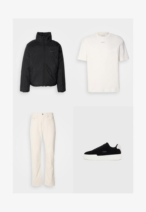 Melnā pūkainā jaka ar augstu apkakli, ar rāvējslēdzēju priekšpusē un sānu kabatām. Gluda, spīdīga tekstūra ar minimālu logotipu uz krūtīm.; Balta kokvilnas T-kreklu ar apaļu kaklu, īsām piedurknēm un izšūtu "Calvin Klein" logotipu krūšu centrā. Vienkāršs dizains.; Bēšas kokvilnas džinsu bikses ar klasisku taisno kāju dizainu, kas iekļauj priekšējo pogu aizdari, piecus kabatas un smalkas šuvju detaļas.; Melni zema profila sporta apavi ar baltu zoli un papēdi, ar šņorēm priekšpusē un Calvin Klein logo sānos.