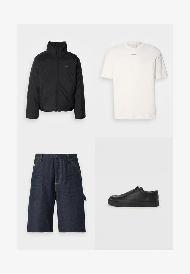 Melnā pūkainā jaka ar augstu apkakli, ar rāvējslēdzēju priekšpusē un sānu kabatām. Gluda, spīdīga tekstūra ar minimālu logotipu uz krūtīm.; Balta kokvilnas T-kreklu ar apaļu kaklu, īsām piedurknēm un izšūtu "Calvin Klein" logotipu krūšu centrā. Vienkāršs dizains.; Tumši zili džinsi šorti ar taisnu griezumu, piecām kabatām, dzeltenajiem šuvēm un sānu kabatu papildu funkcionalitātei.; Melnas ādas slip-on kurpes ar noapaļotu purngalu, šūšanas detaļām un melnu gumijas zoli. Gluda tekstūra ar minimālistisku dizainu.