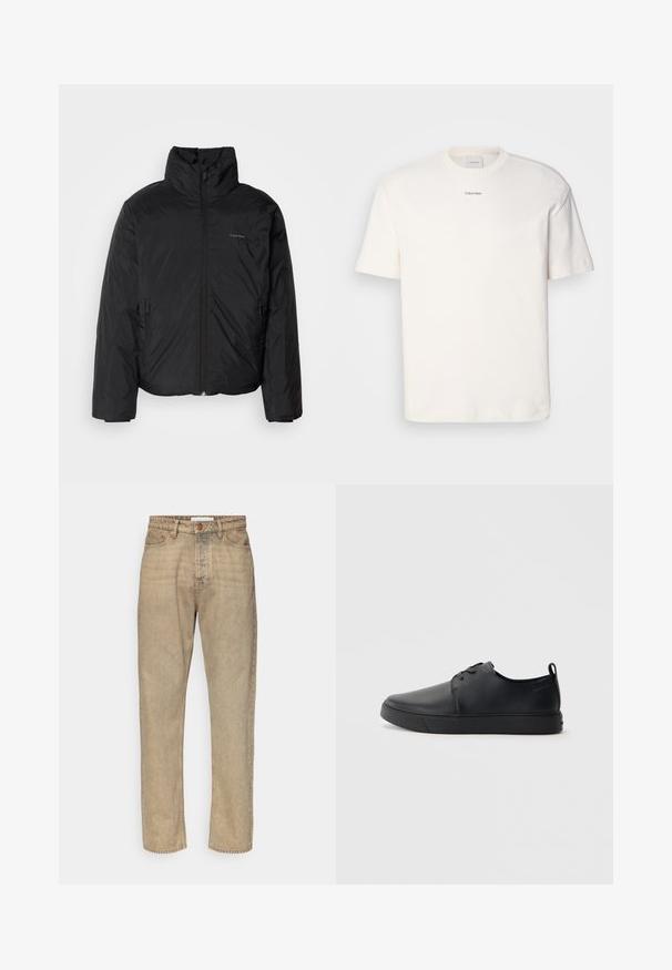 Must musträkk, millel on kõrge krae, lukuga ees ja küljetaskud. Sile, läikiv tekstuur ja minimaalne logo rinnal.; Valge puuvillane T-särk, millel on ümar kaelus, lühikesed varrukad ning rinnas keskel tikitud "Calvin Klein" logo. Üksluisus.; Beez denim püksid sirge lõikega, millel on nööbi sulgus, viis taskut ja kerge whiskeringi tekstuur üle kogu. ; Mustaläik nahast spordijalatsid siledaga viimistlusega, ümarate varvastega, sama tooni õmblustega, nööbid ees, ja lamedate kummist tallaga. Kannas aas.