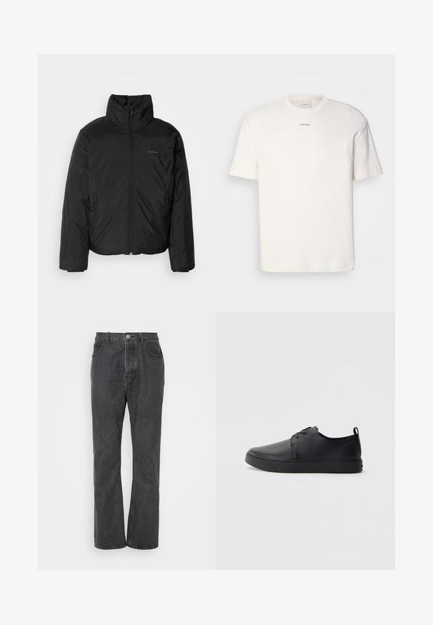 Must musträkk, millel on kõrge krae, lukuga ees ja küljetaskud. Sile, läikiv tekstuur ja minimaalne logo rinnal.; Valge puuvillane T-särk, millel on ümar kaelus, lühikesed varrukad ning rinnas keskel tikitud "Calvin Klein" logo. Üksluisus.; Mustmustest sinised teksad otse lõikega disainiga, millel on ees nööbid, vööloop ja õrn tuhmumine tekstuuri jaoks.; Mustaläik nahast spordijalatsid siledaga viimistlusega, ümarate varvastega, sama tooni õmblustega, nööbid ees, ja lamedate kummist tallaga. Kannas aas.