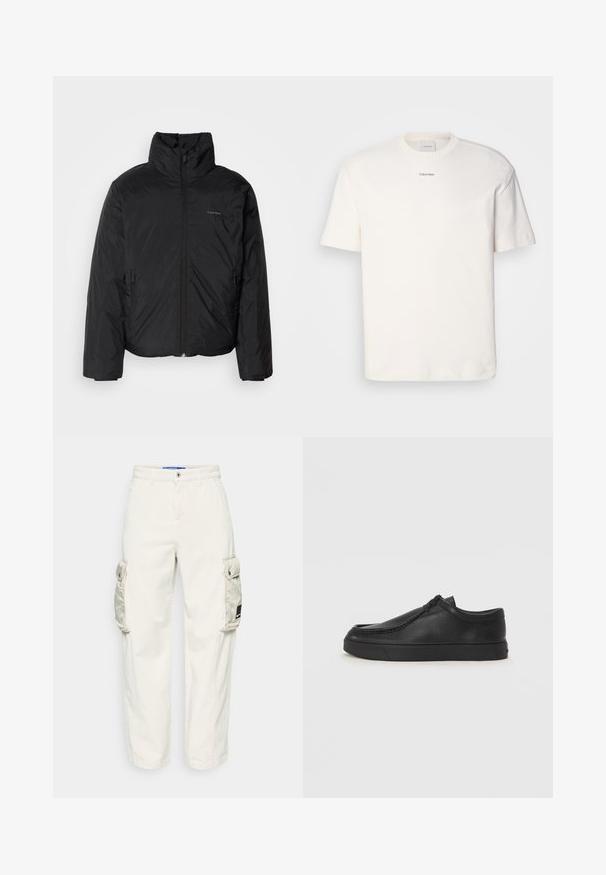 Juoda pūkinė striukė su aukštu apykakle, užtrauktuku priekyje ir šoninėmis kišenėmis. Lygus, blizgus paviršius su minimaliu logotipu ant krūtinės.; Balta medvilninė marškinėlių suapvalintu kaklu, trumpomis rankovėmis ir siuvinėtu "Calvin Klein" logotipu krūtinės centre. Paprastas dizainas.; Šviesiai smėlio spalvos medvilnės mišinio kargo kelnės su šoninėmis kišenėmis, laisvu siluetu ir elastingomis rankovėmis ties kulkšnimis. Paprastas segimo mygtukas.; Juodos odinės supjamintus batelius su apvaliu pirštu, siuvinėtu akcentu ir juodu guminiu padu. Lygus tekstūra su minimalistišku dizainu.