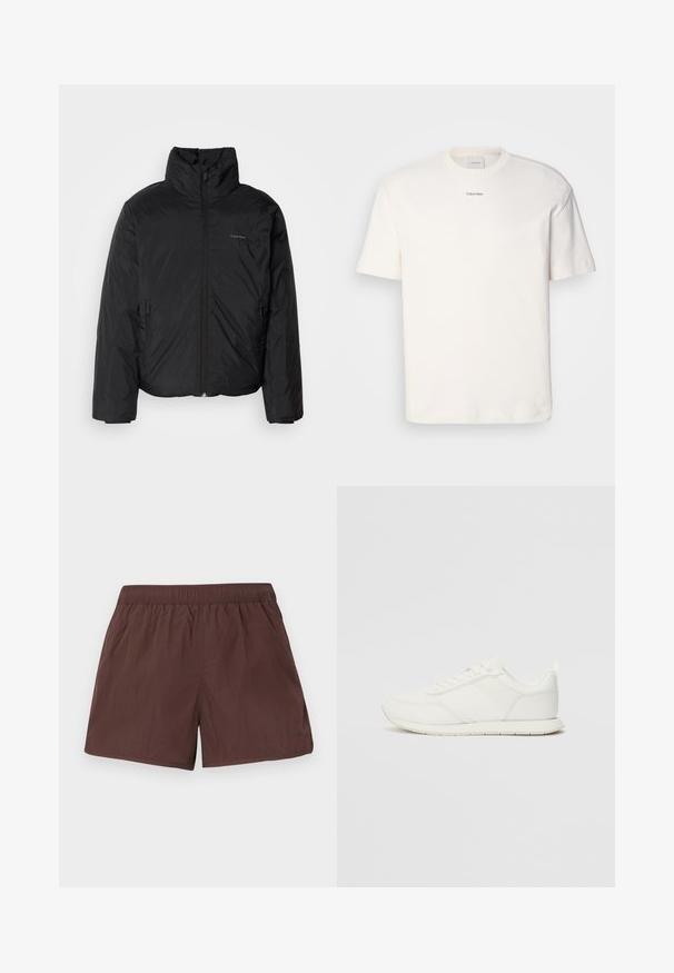 Fekete puffermellény magas gallérral, cipzáros elülső résszel és oldalsó zsebekkel. Simább, fényes textúra, minimális logóval a mellkason.; Fehér pamut póló, kerek nyakkal, rövid ujjakkal és hímezett "Calvin Klein" logóval a mellkas közepén. Egyszerű design.; Barna rövidnadrág, elasztikus derékpánttal és sima, könnyű anyagból készült. Egyszerű dizájnnal rendelkezik, nincsenek minták vagy látható fémrészletek.; Fehér sneaker hálós és szintetikus felsőrésszel, kerek orral, lapos fűzőkkel és textúrázott oldalsávval. Gumi talp hátul húzófüllel.