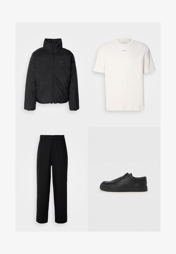 Juoda pūkinė striukė su aukštu apykakle, užtrauktuku priekyje ir šoninėmis kišenėmis. Lygus, blizgus paviršius su minimaliu logotipu ant krūtinės.; Balta medvilninė marškinėlių suapvalintu kaklu, trumpomis rankovėmis ir siuvinėtu "Calvin Klein" logotipu krūtinės centre. Paprastas dizainas.; Juodos kelnės iš lygios medžiagos, turinčios tiesaus kirpimo dizainą, priekinį mygtuko užsegimą ir šonines kišenes.; Juodos odinės supjamintus batelius su apvaliu pirštu, siuvinėtu akcentu ir juodu guminiu padu. Lygus tekstūra su minimalistišku dizainu.