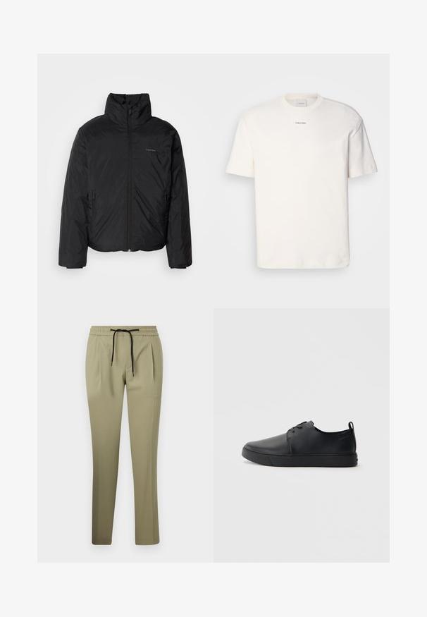 Fekete puffermellény magas gallérral, cipzáros elülső résszel és oldalsó zsebekkel. Simább, fényes textúra, minimális logóval a mellkason.; Fehér pamut póló, kerek nyakkal, rövid ujjakkal és hímezett "Calvin Klein" logóval a mellkas közepén. Egyszerű design.; Kaki nadrág sima anyagból, kényelmes fazonban, rugalmas derékkal és húzózsinórral. Egyenes szárú kialakítás oldalredőkben.; Fekete bőr sportcipő sima felülettel, lekerekített orral, azonos színű varrással, fűzős elülső résszel és lapos gumitalppal. Hurok a sarkán.