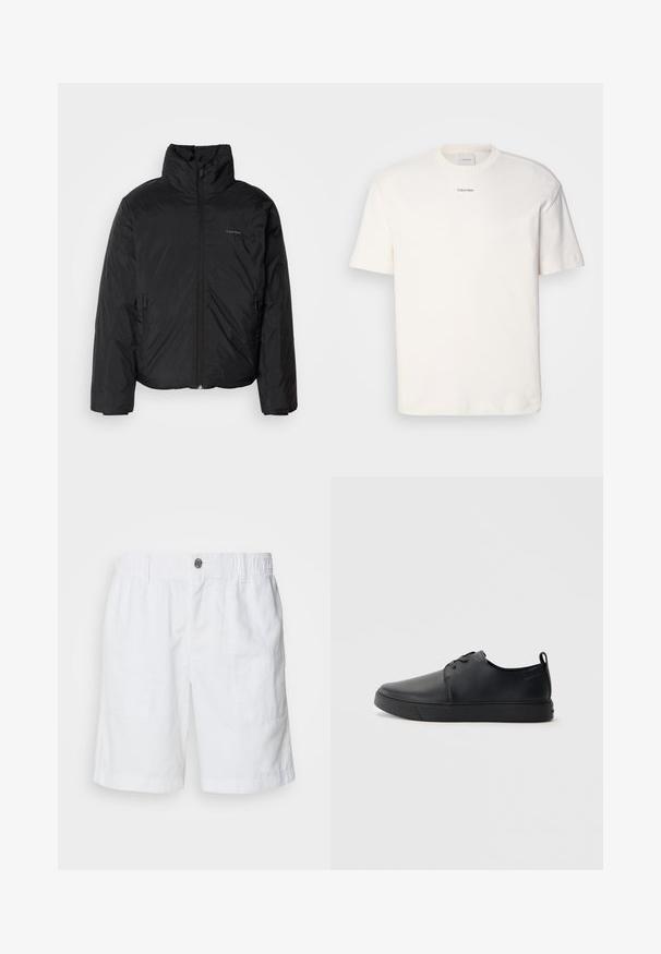 Fekete puffermellény magas gallérral, cipzáros elülső résszel és oldalsó zsebekkel. Simább, fényes textúra, minimális logóval a mellkason.; Fehér pamut póló, kerek nyakkal, rövid ujjakkal és hímezett "Calvin Klein" logóval a mellkas közepén. Egyszerű design.; Fehér vászon sort elasztikus derékpánttal és fém gombbal. Két oldalsó zseb található rajta, és laza, kényelmes fazonú.; Fekete bőr sportcipő sima felülettel, lekerekített orral, azonos színű varrással, fűzős elülső résszel és lapos gumitalppal. Hurok a sarkán.