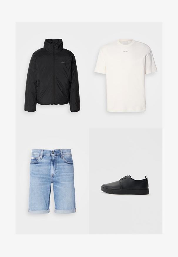 Fekete puffermellény magas gallérral, cipzáros elülső résszel és oldalsó zsebekkel. Simább, fényes textúra, minimális logóval a mellkason.; Fehér pamut póló, kerek nyakkal, rövid ujjakkal és hímezett "Calvin Klein" logóval a mellkas közepén. Egyszerű design.; Világoskék farmer rövidnadrág egyenes szabással, felgöngyölt szegéllyel, öt zsebes kialakítással és egyetlen gombbal záródó derékrésszel.; Fekete bőr sportcipő sima felülettel, lekerekített orral, azonos színű varrással, fűzős elülső résszel és lapos gumitalppal. Hurok a sarkán.