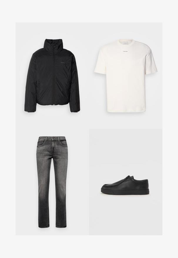 Černá péřová bunda s vysokým límcem, zipovým uzávěrem vpředu a bočními kapsami. Hladká, lesklá textura s minimálním logem na hrudi.; Bílá bavlněná tričko s kulatým výstřihem, krátkými rukávy a vyšitým logem "Calvin Klein" na prostředku hrudi. Jednoduchý design.; 7 for all mankind CHECK OFF - Džíny Slim Fit - grey; Černé kožené nazouvací boty s kulatou špičkou, prošitím a černou gumovou podrážkou. Hladký povrch s minimalistickým designem.